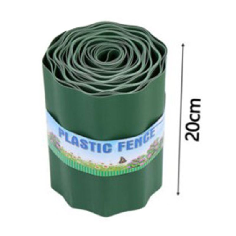 Green rolled-up plastic fence with a label saying "Plastic Fence" and a floral design. A vertical line indicates the height as 20 cm.