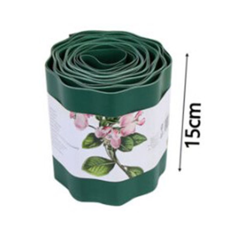 Rolled green plastic garden edging, 15cm high, with a floral label featuring pink flowers and green leaves.