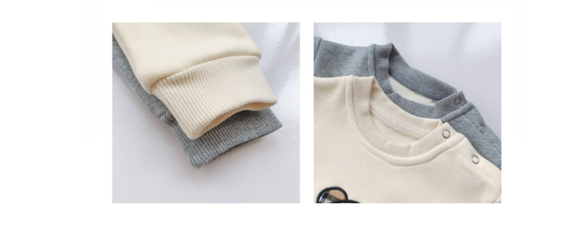 Close-up of cream and grey children's clothing. Left image shows a ribbed sleeve cuff. Right image displays two overlapping tops, one with snap buttons on the shoulder.