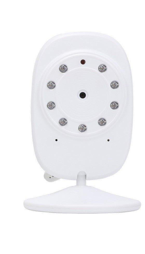 White security camera on a stand with lens surrounded by eight infrared LEDs for night vision. Simple, modern design, suitable for indoor monitoring.