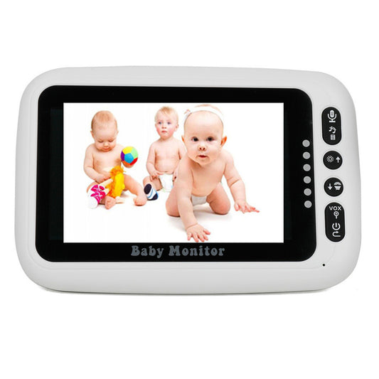 Digital baby monitor screen displaying three babies; one is crawling while two are playing with colorful toys. Monitor has buttons for settings and volume control on the side.