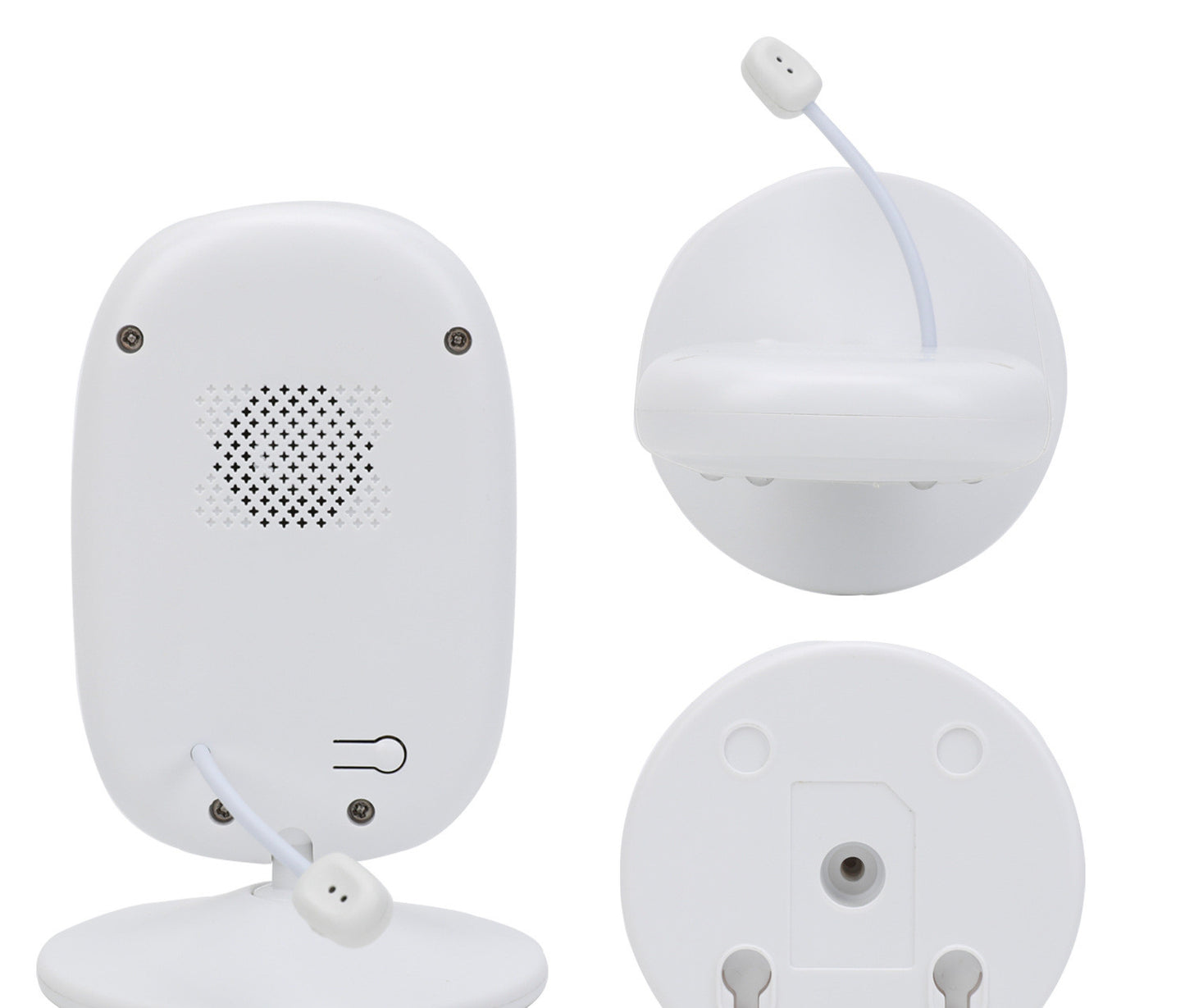 White cylindrical electric device shown from three angles, featuring a speaker grid, a flexible cord with a small sensor, screw mounts, and a base for stable positioning.