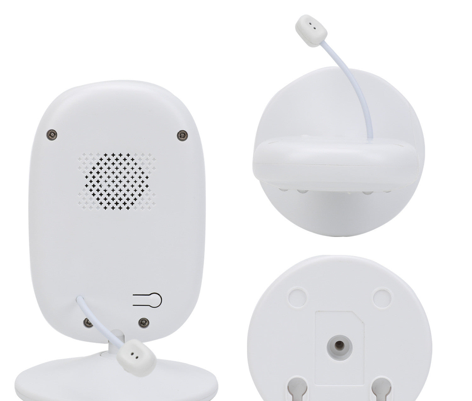 White cylindrical electric device shown from three angles, featuring a speaker grid, a flexible cord with a small sensor, screw mounts, and a base for stable positioning.