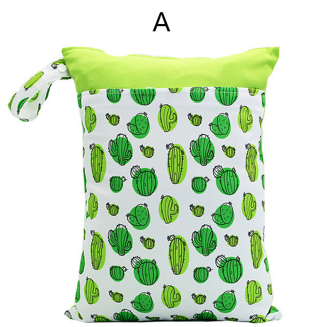 Green and white pouch with a cactus pattern, featuring a green top and a loop handle on the side. The letter "A" is displayed above the pouch.