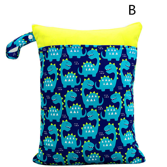 Colorful pouch with a yellow top and handle, decorated with a pattern of blue dinosaurs on a dark blue background.