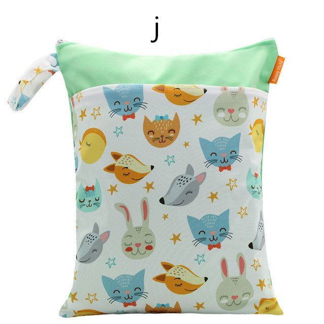 A whimsical pouch with a mint green top and a cute animal pattern featuring smiling foxes, cats, and bunnies in pastel colors. An orange tag is attached on the side.