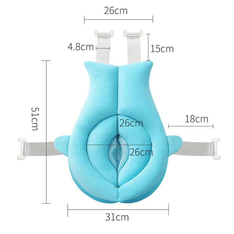 Blue baby safety pillow with adjustable straps and headrest. Dimensions shown: 51cm tall, 31cm wide, with various measurements for parts like straps and center padding.