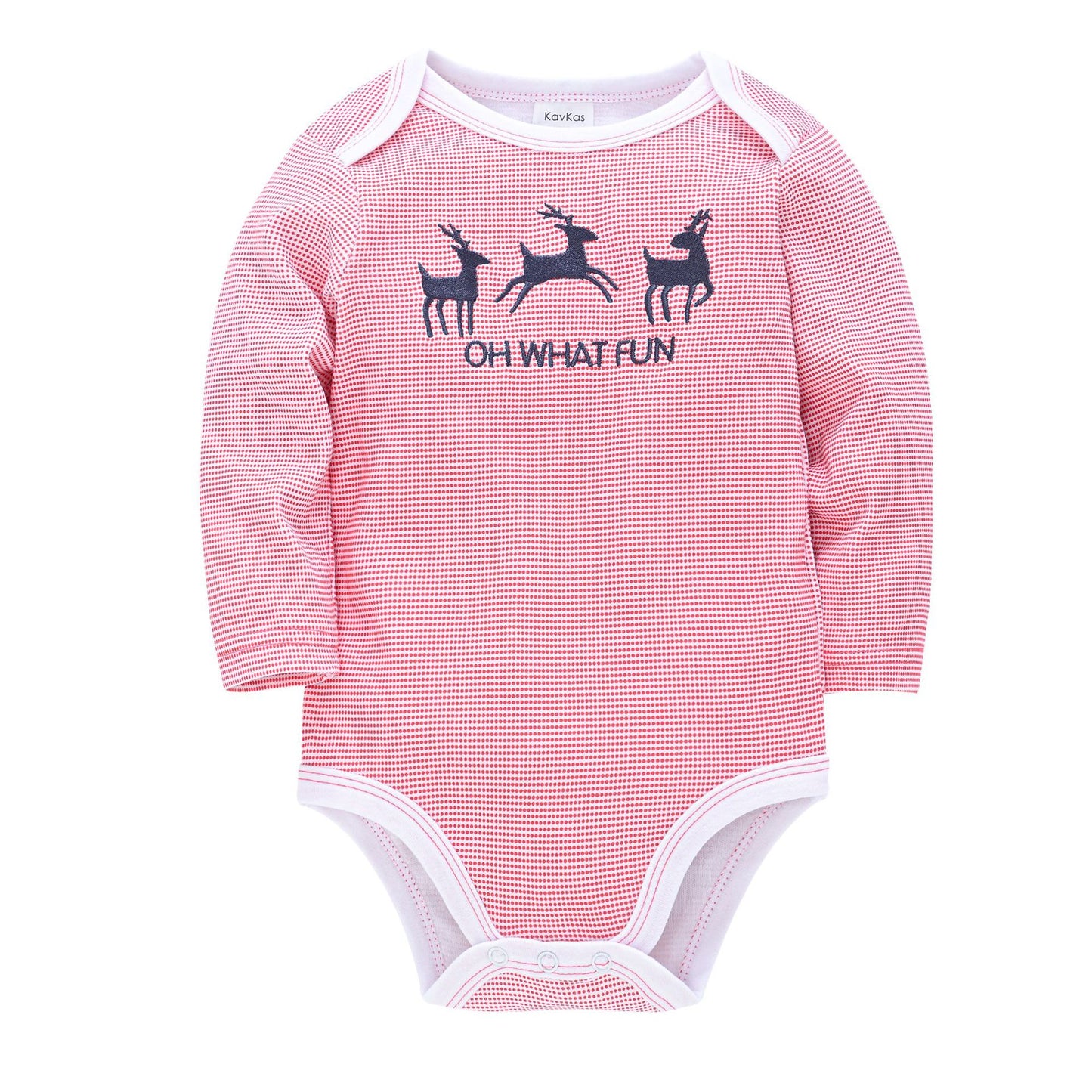 Red striped baby onesie with long sleeves, featuring three blue reindeer and text "Oh What Fun" on the front. White trim around neck and leg openings.