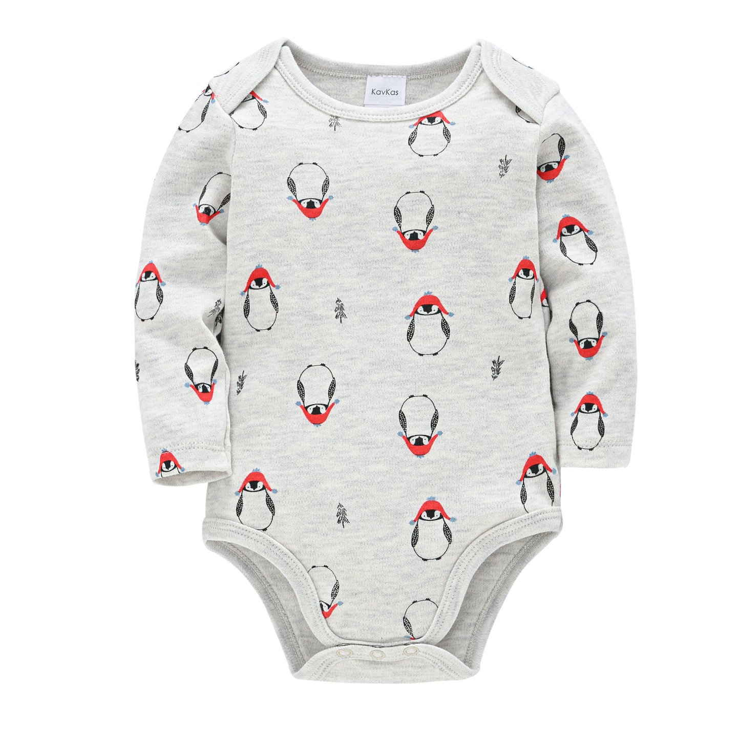Gray baby onesie with adorable penguin pattern wearing red hats. Features long sleeves and snaps at the bottom for easy diaper changes.