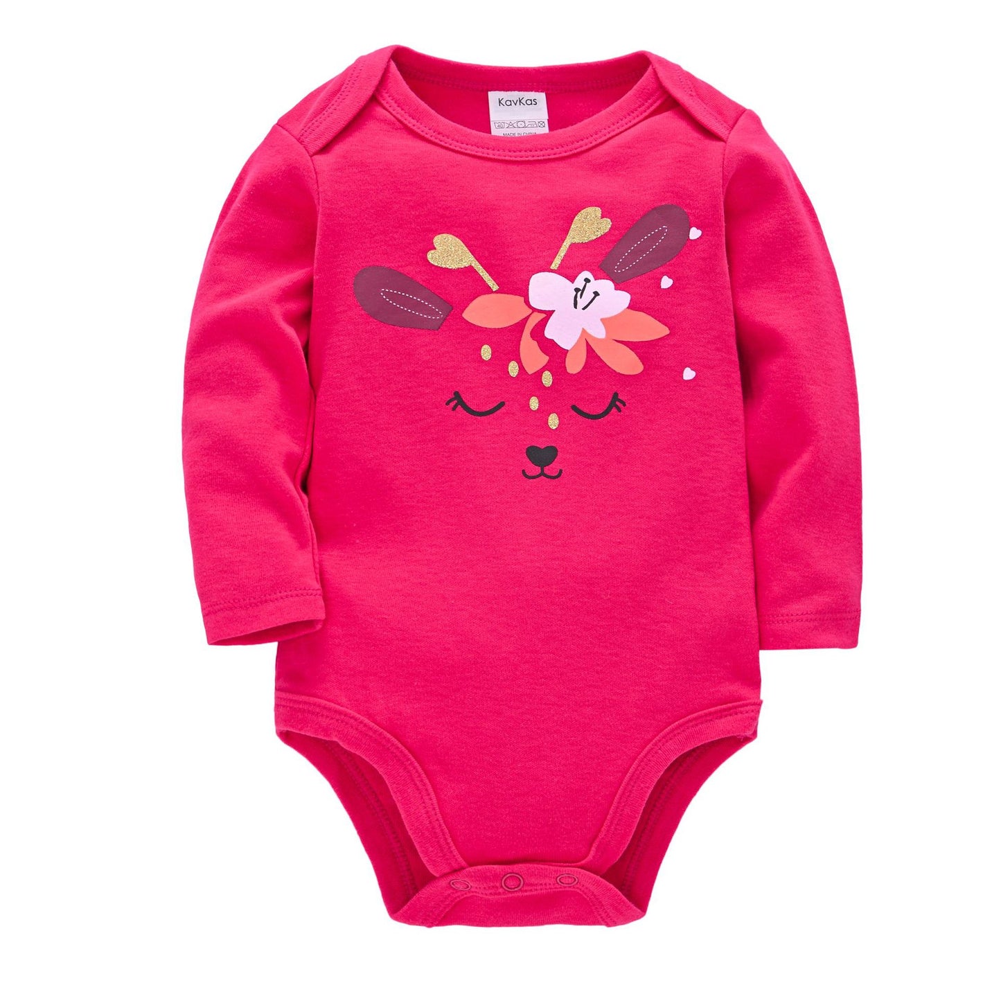 Bright pink baby onesie with long sleeves, featuring a cute deer face design and floral accents on the front. It has an envelope neckline and snap closures at the bottom.