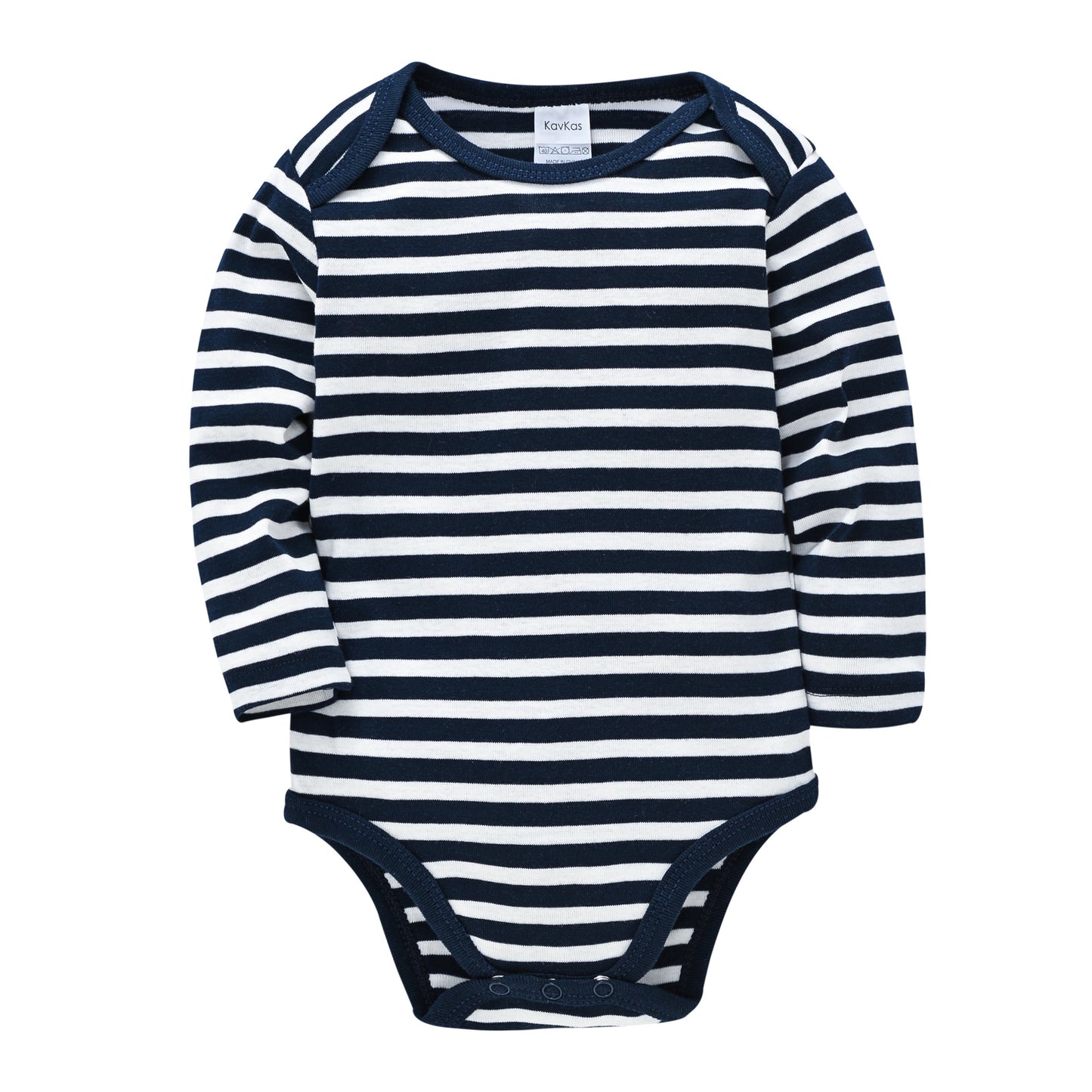 Navy and white striped long-sleeve baby onesie with envelope neckline and snap closures at the bottom.