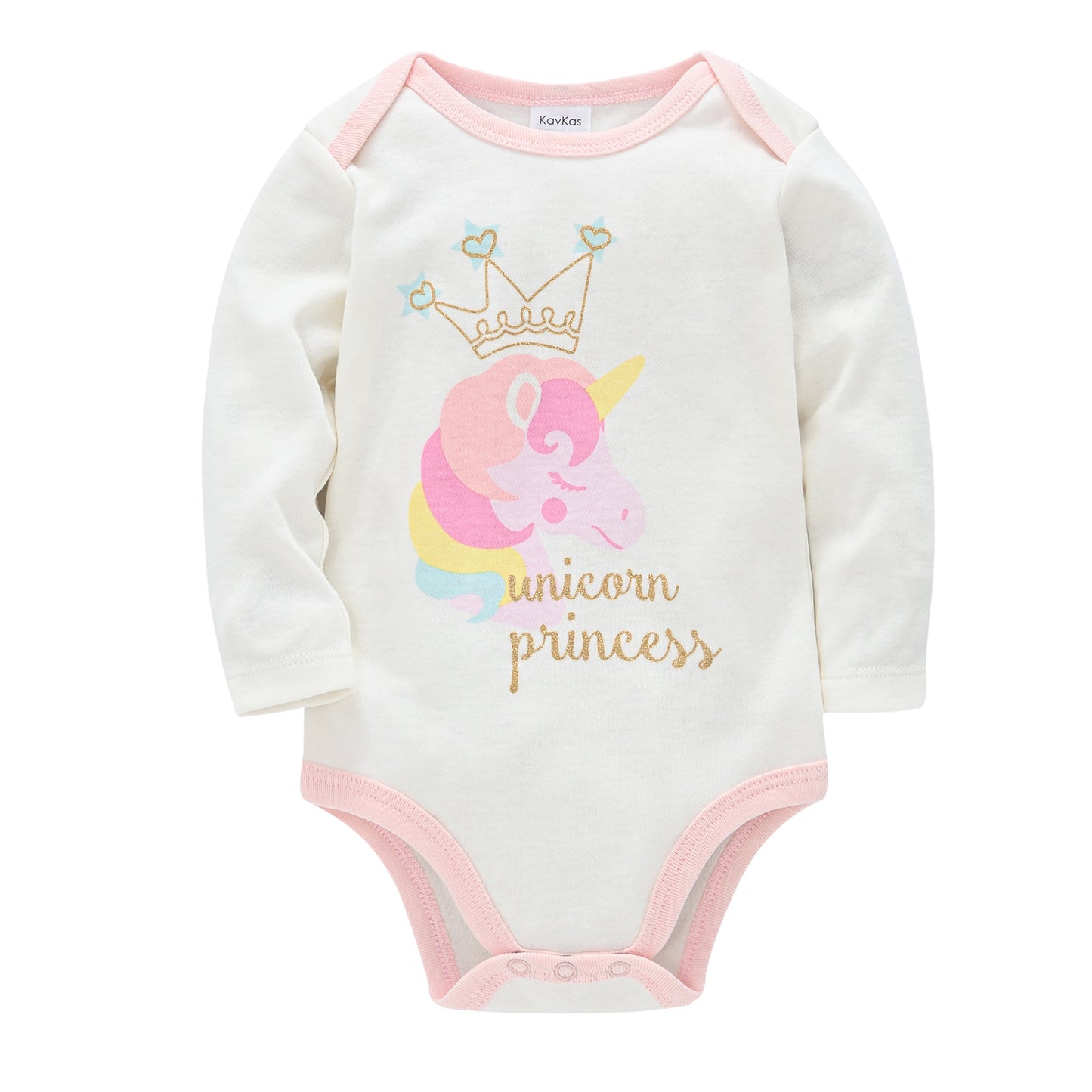 White baby onesie with pink trim features a colorful unicorn design and the words "unicorn princess" in gold. It has long sleeves and a crew neck.