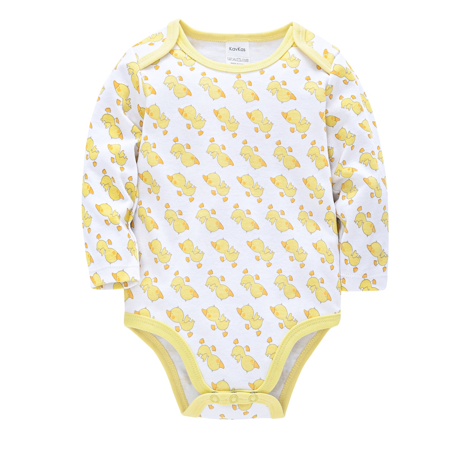 White baby onesie with long sleeves, featuring a yellow duck pattern. The onesie has yellow trim along the edges and snaps at the bottom for easy closure.