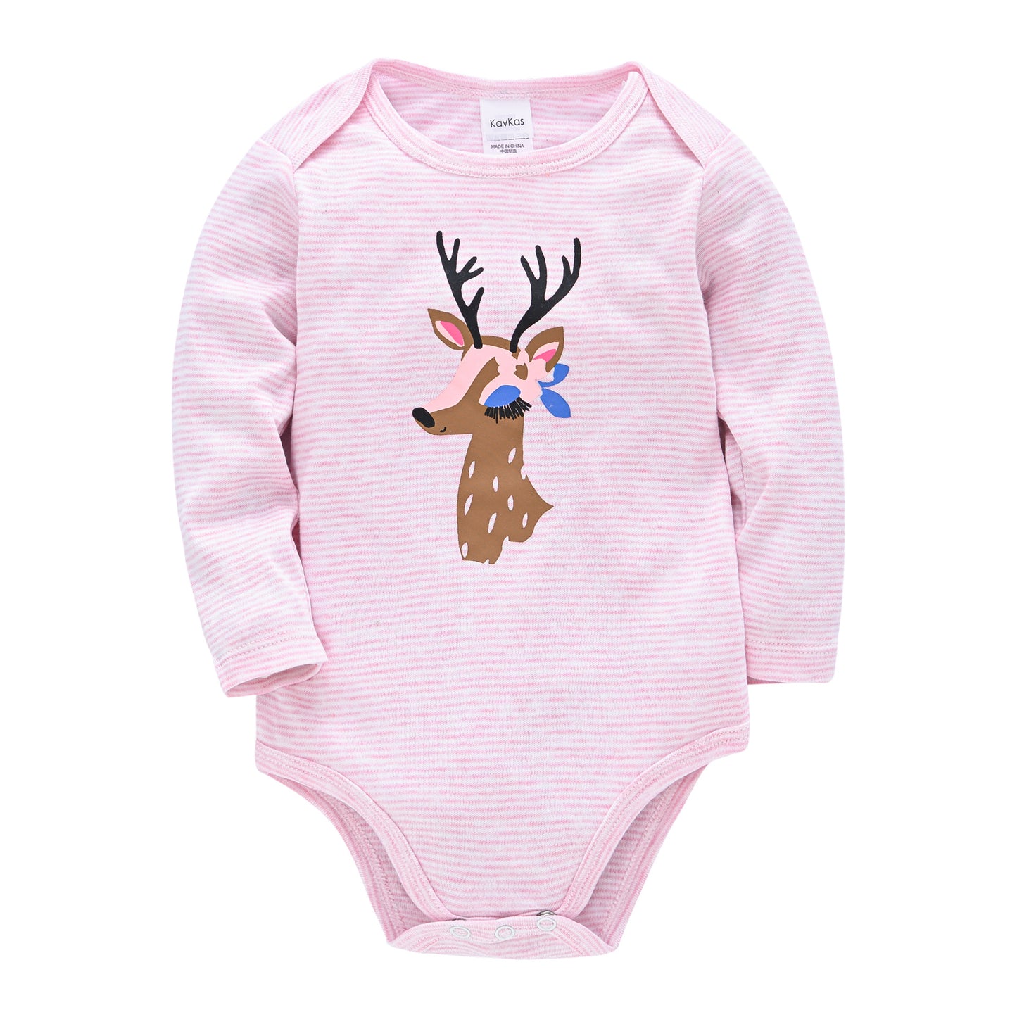 Pink striped baby onesie featuring a cute deer graphic with antlers, pink bow, and spots. It has long sleeves and snap closures at the bottom for easy changing.