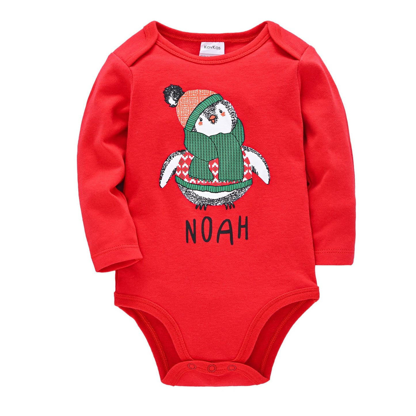 Red infant onesie featuring a cute penguin in a winter hat and scarf. The name "Noah" is printed below the penguin. Long sleeves and snap closures at the bottom.