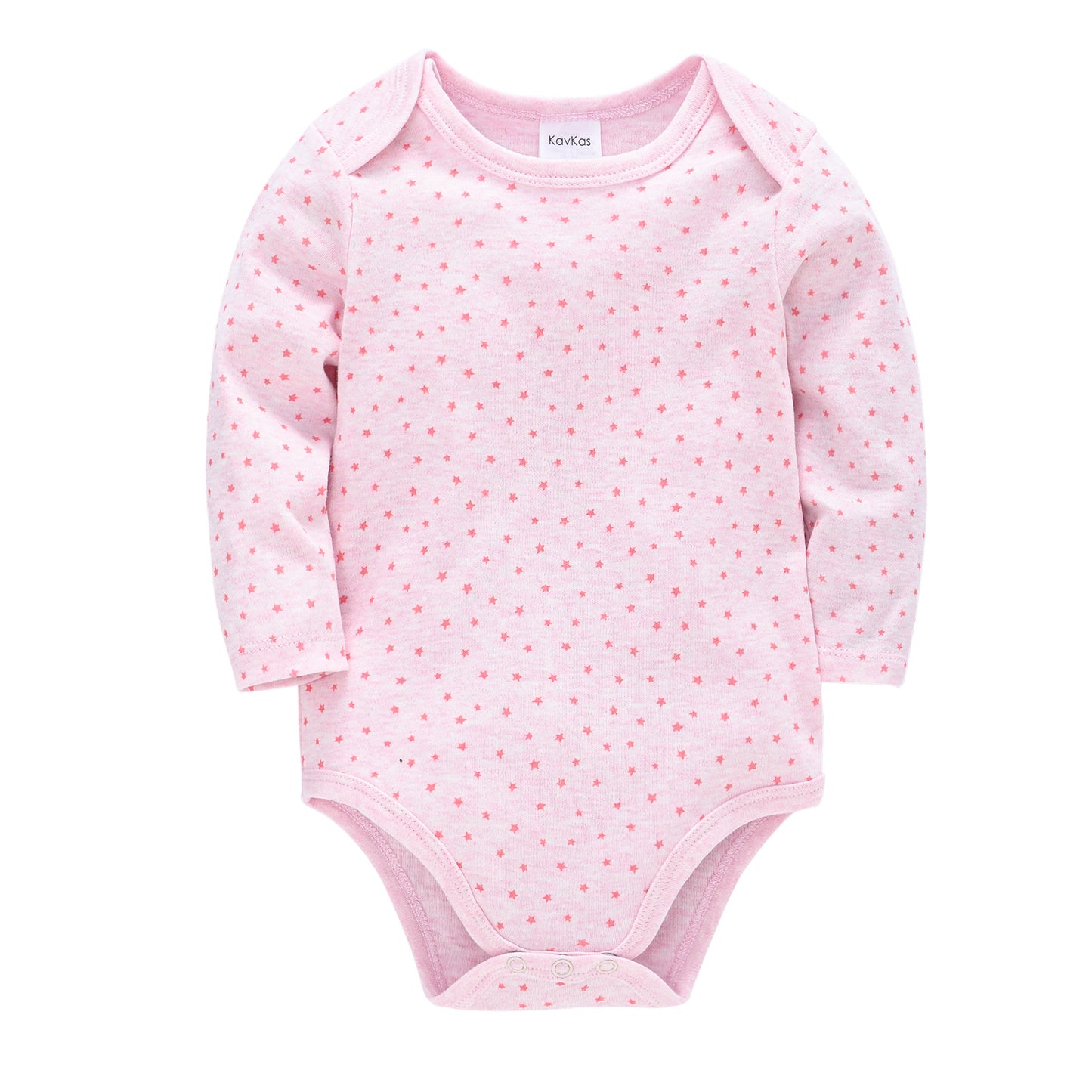 Pink long-sleeve baby onesie with small pink star pattern and snap closures at the crotch.