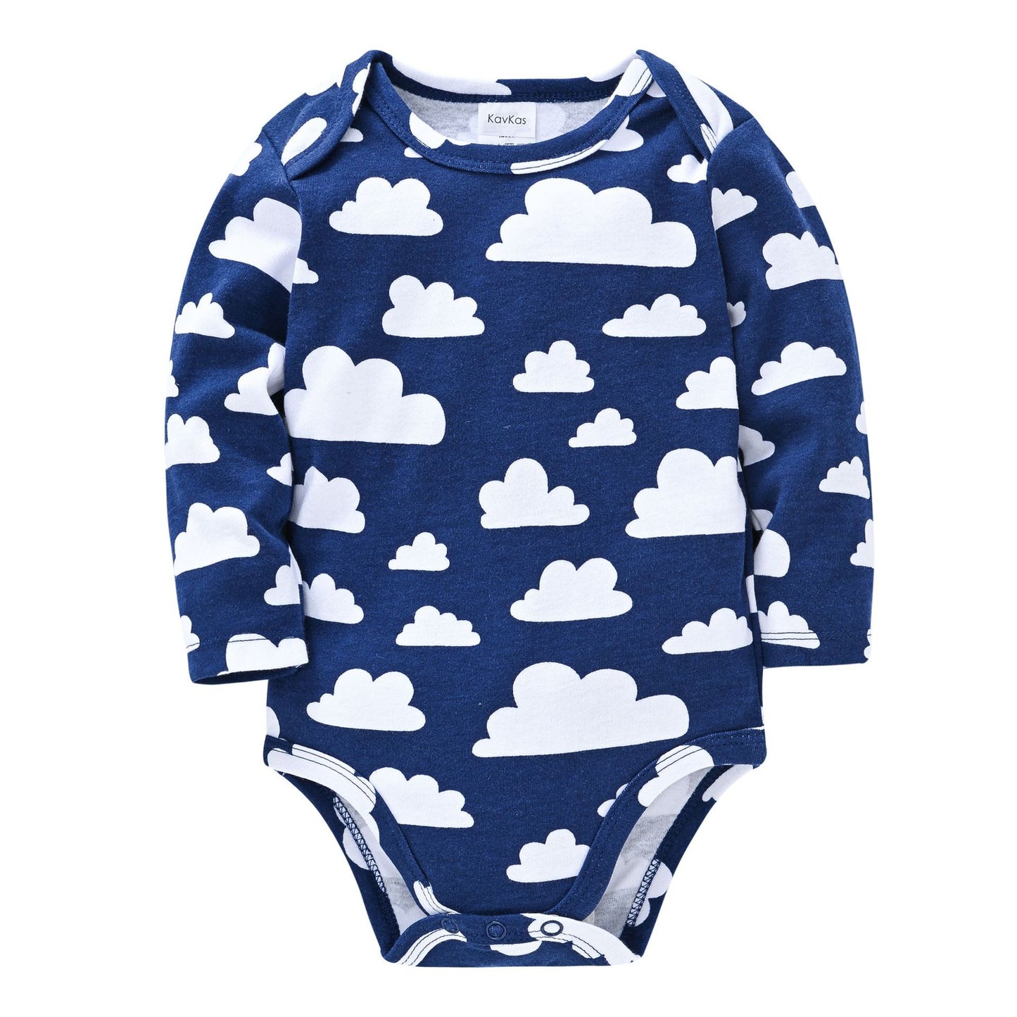 Blue long-sleeved baby onesie with white cloud pattern. Snap buttons at the bottom for easy changing. Comfortable and playful design for infants.
