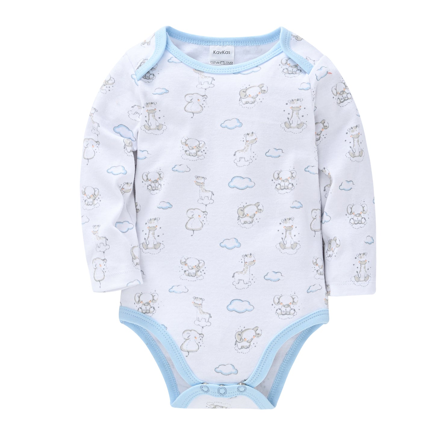 White baby onesie with blue trim, featuring cute gray animal and cloud prints. Long sleeves and snap closure at the bottom.