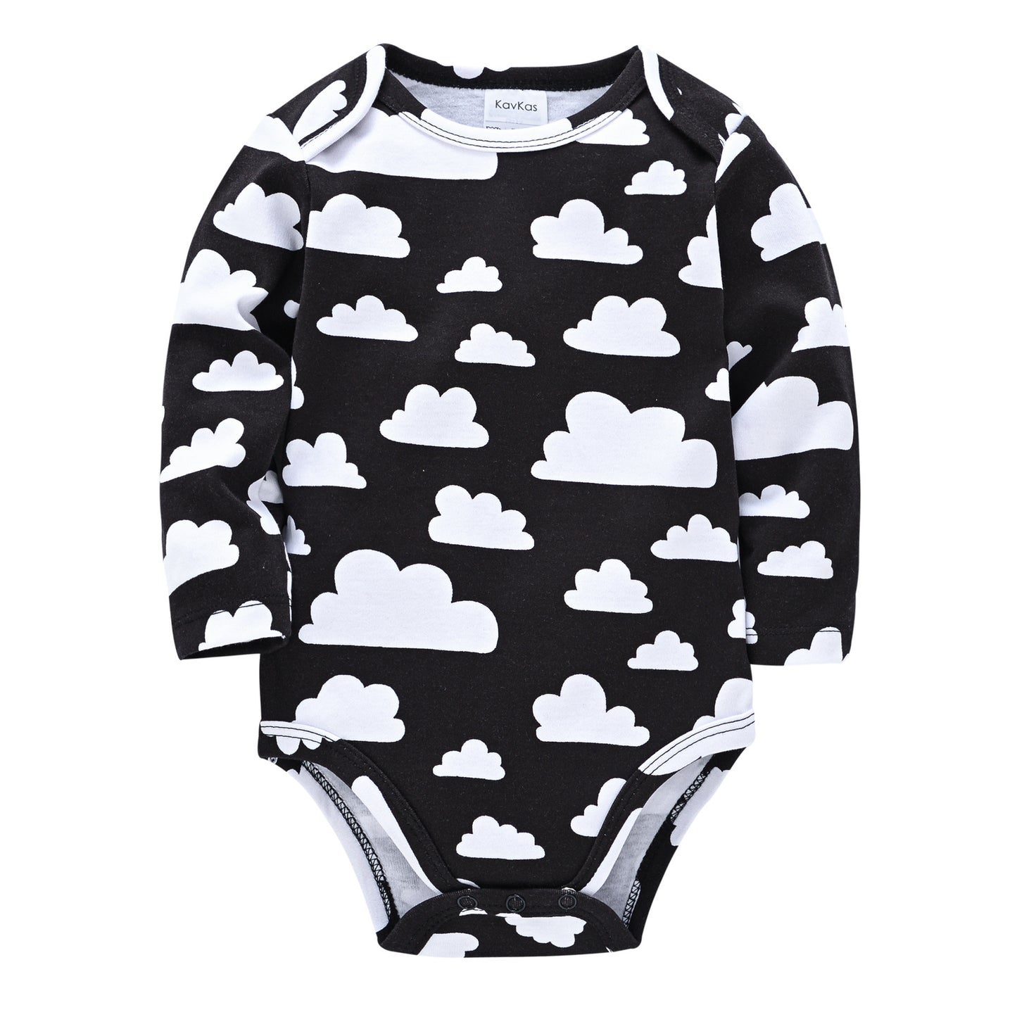 Black and white baby onesie with long sleeves featuring a pattern of white clouds on a black background. The onesie has shoulder expansion and snaps at the bottom.