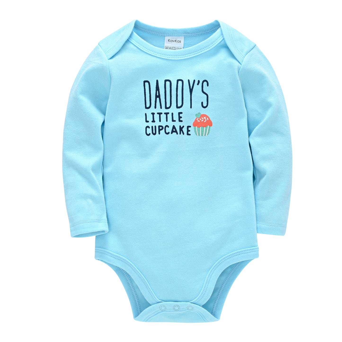 Light blue baby onesie with long sleeves, featuring the text "Daddy's Little Cupcake" and a cupcake graphic printed in the center.
