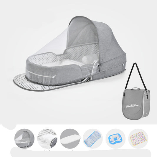 Gray portable baby bassinet with a mesh cover and polka dot lining, shown alongside its compact carrying bag. Below are additional features and accessories in small circles.