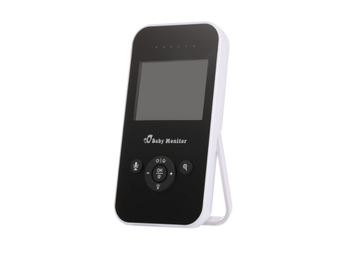 A black and white baby monitor with a screen, control buttons below, and a foldable stand, designed to provide audio and video monitoring of an infant.