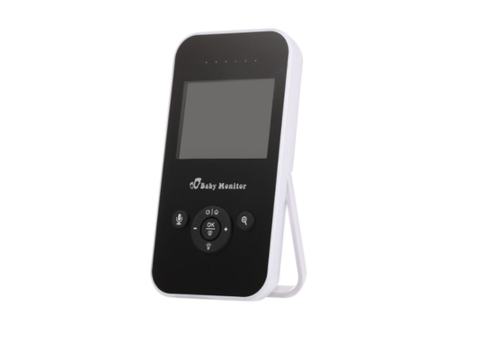 A black and white baby monitor with a screen, control buttons below, and a foldable stand, designed to provide audio and video monitoring of an infant.