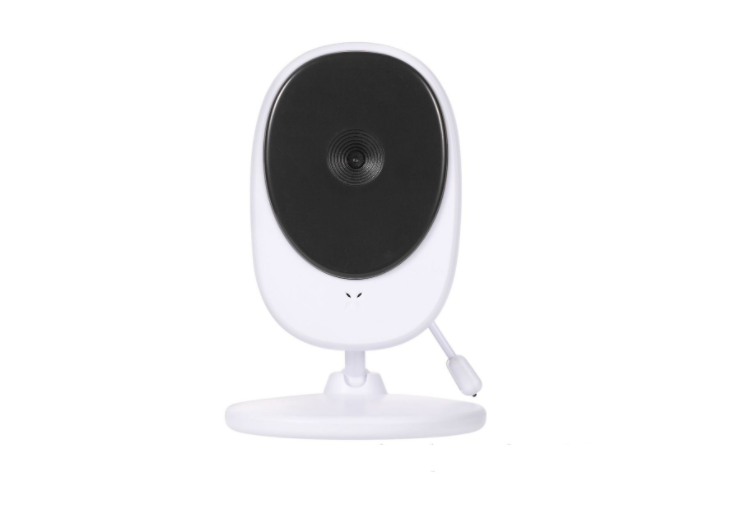 A white oval-shaped security camera with a black front lens, mounted on a round stand, and equipped with a power cord on the right side, isolated on a white background.
