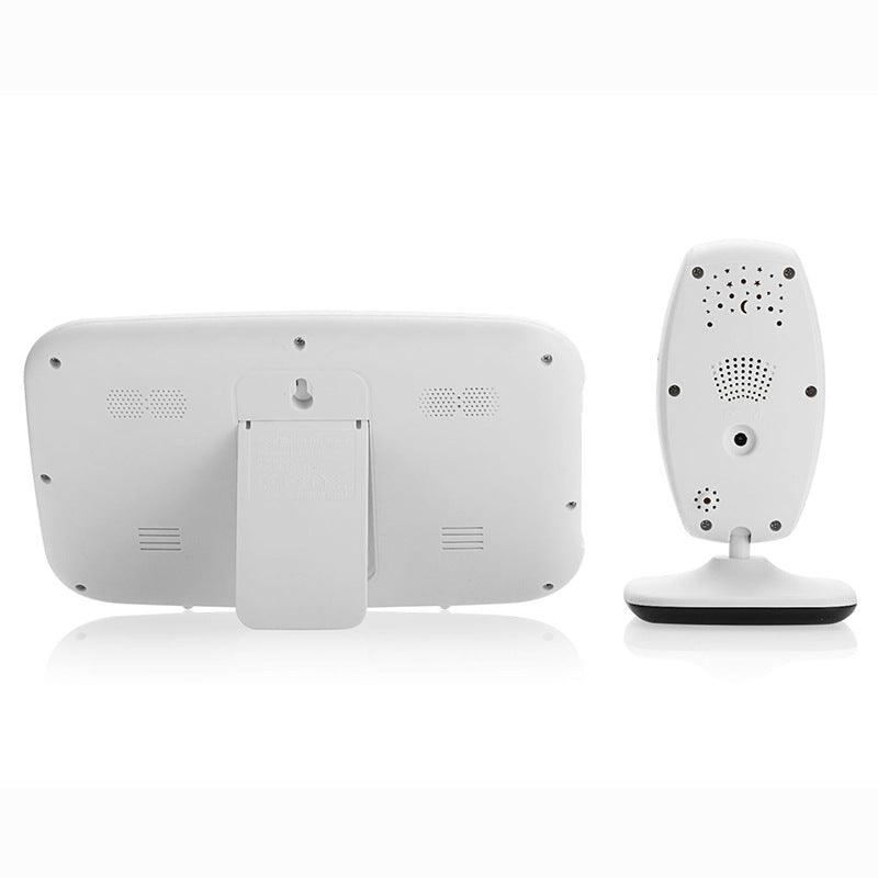Back view of a white baby monitor with a rectangular screen and a stand-alone camera unit, both featuring vent holes and mounting options, set against a plain white background.