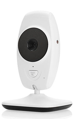 White security camera with a black lens, mounted on a sleek, rounded base. The front has a visible button and indicator light. The design is compact and modern.