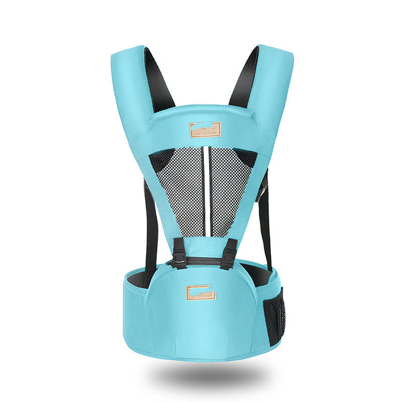Light blue baby carrier with black accents, featuring a mesh back for breathability and a supportive hip seat with adjustable straps for comfort and safety.