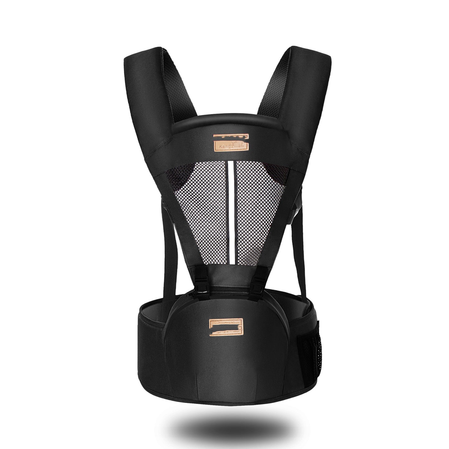 Black baby carrier with padded straps and a breathable mesh back panel, designed for comfort and support, featuring a large cushioned waistband for ergonomic carrying.