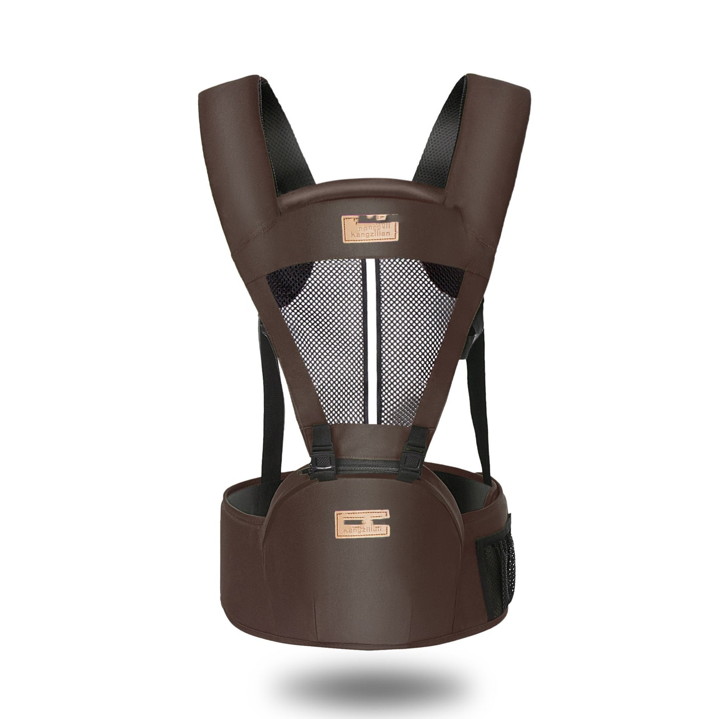 Brown baby carrier with breathable mesh back, wide shoulder straps, and a padded waist belt for support and comfort. Designed for ergonomic carrying.