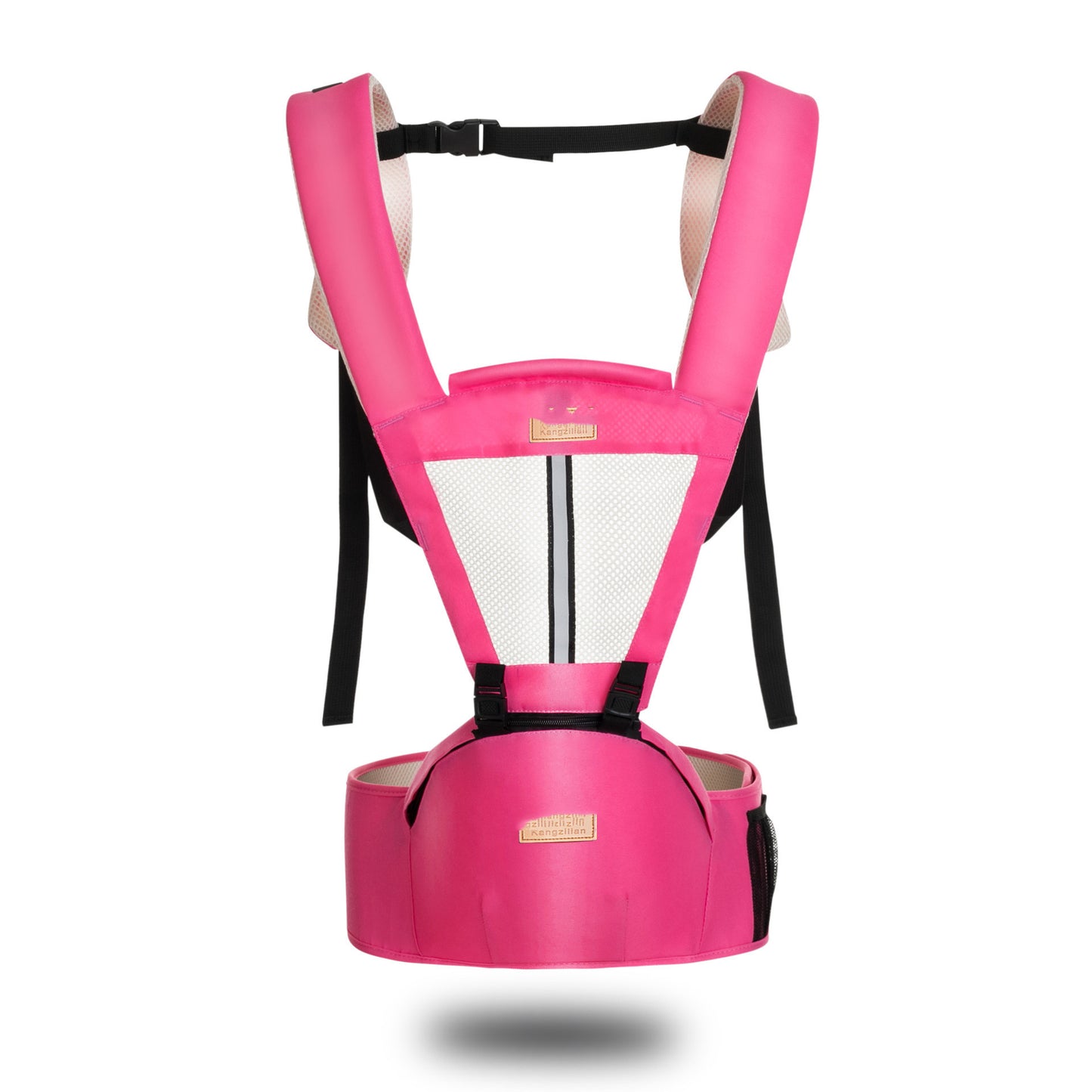 Bright pink baby carrier with mesh back panel, padded shoulder straps, and adjustable waist belt for ergonomic support and comfort.