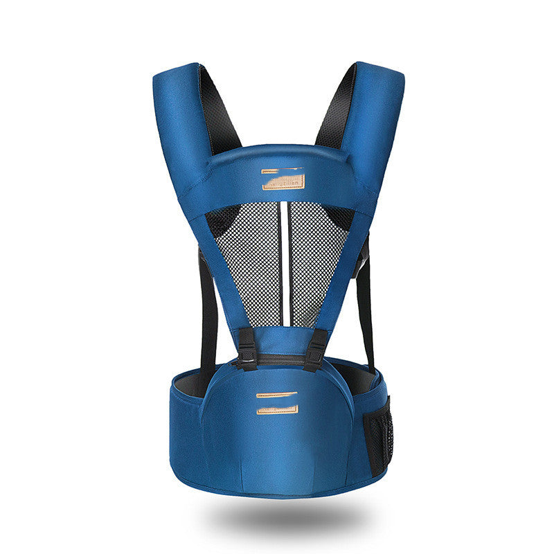 Blue ergonomic baby carrier with padded shoulder straps and mesh back panel for breathability, featuring a supportive waist belt and multiple adjustment points.
