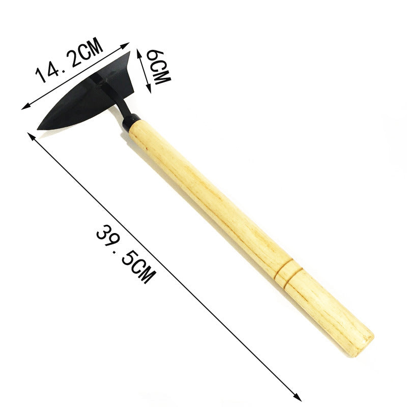 Wooden-handled garden hoe with a flat, triangular black metal head. Dimensions are labeled: head 14.2cm by 6cm, handle 39.5cm long. White background.