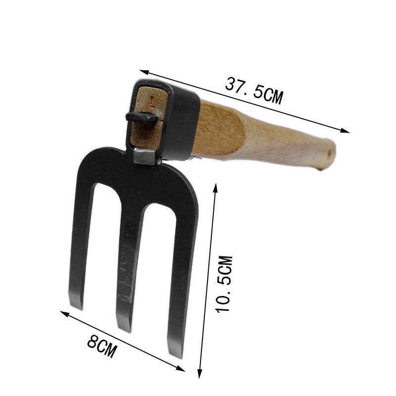 A gardening hoe with a wooden handle measuring 37.5 cm and a metal fork head measuring 8 cm wide and 10.5 cm high.
