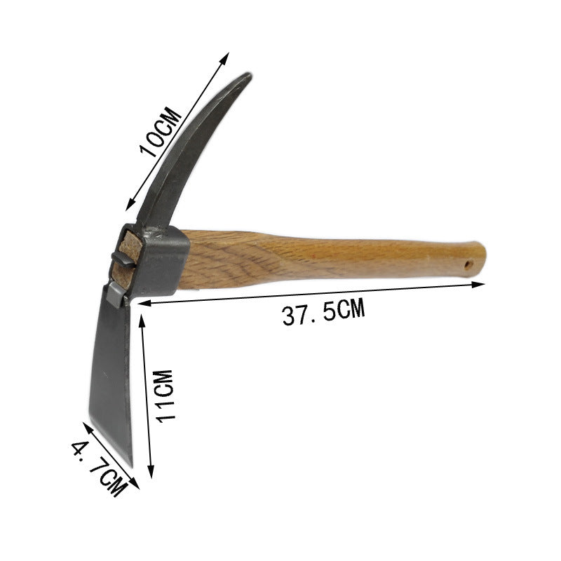 A gardening tool with a wooden handle and a dual metal head: one flat edge (11 cm) and one pointed (10 cm). The handle measures 37.5 cm, with a 4.7 cm wide head.