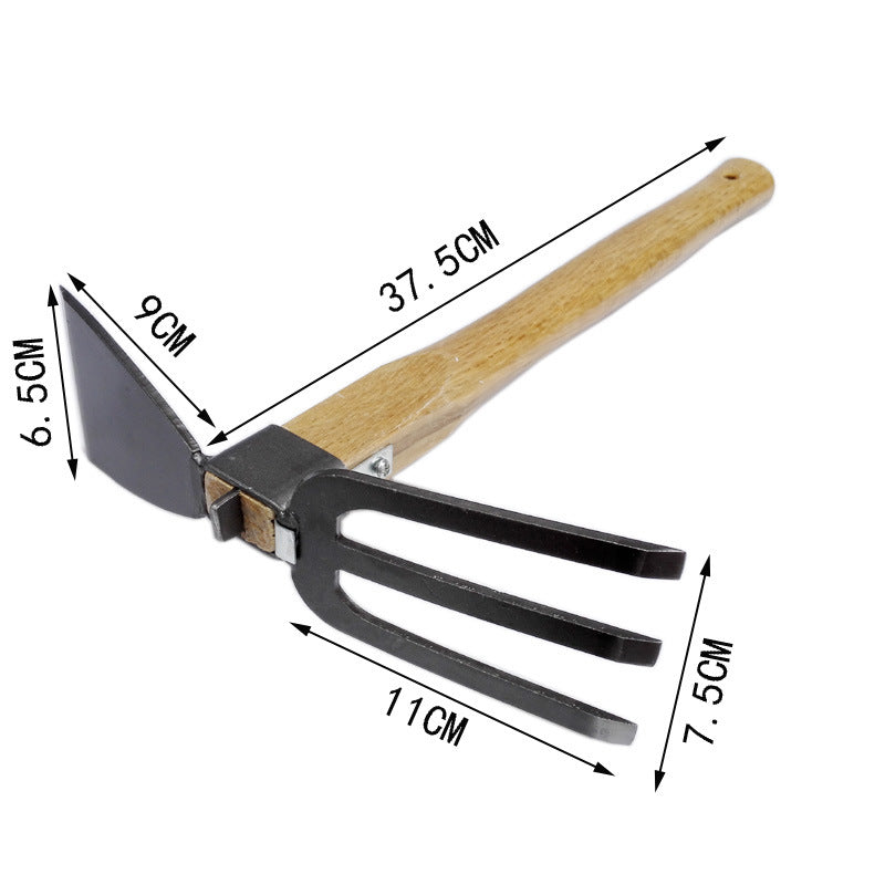 A garden hoe with a wooden handle (length 37.5 cm) features a black metal head with a hoe blade (9 cm wide, 6.5 cm tall) and a three-pronged fork (11 cm long, 7.5 cm wide).