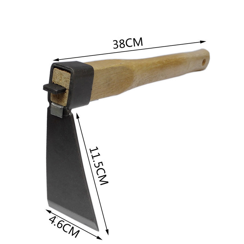 Wooden-handled tool with a sharp, black metal blade. Dimensions are labeled: 38cm handle, 11.5cm blade length, and 4.6cm blade width.