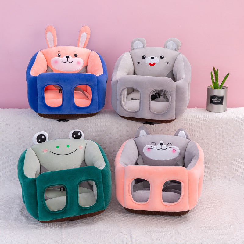 Four animal-themed plush chairs for kids featuring rabbit, mouse, frog, and cat designs, arranged on a white and pink background with a small potted plant on the side.