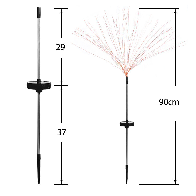 Two garden lights shown. Left: disassembled with measurements of 29cm and 37cm. Right: assembled with illuminated strands and total height of 90cm.