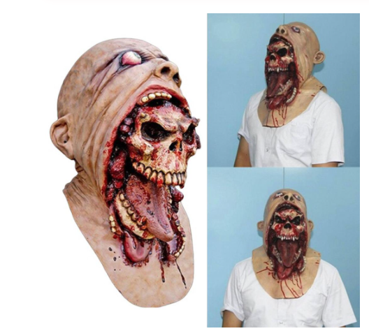 Terrifying Halloween mask with a zombie skull emerging from a gaping mouth. The detailed bloody design covers the head, with the person wearing a white shirt in two side views.