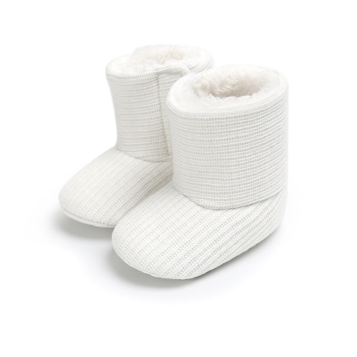 Cozy baby boots in a soft, white knit fabric with a fluffy interior lining, designed for warmth and comfort. The boots have a simple, rounded toe and slightly raised cuff.