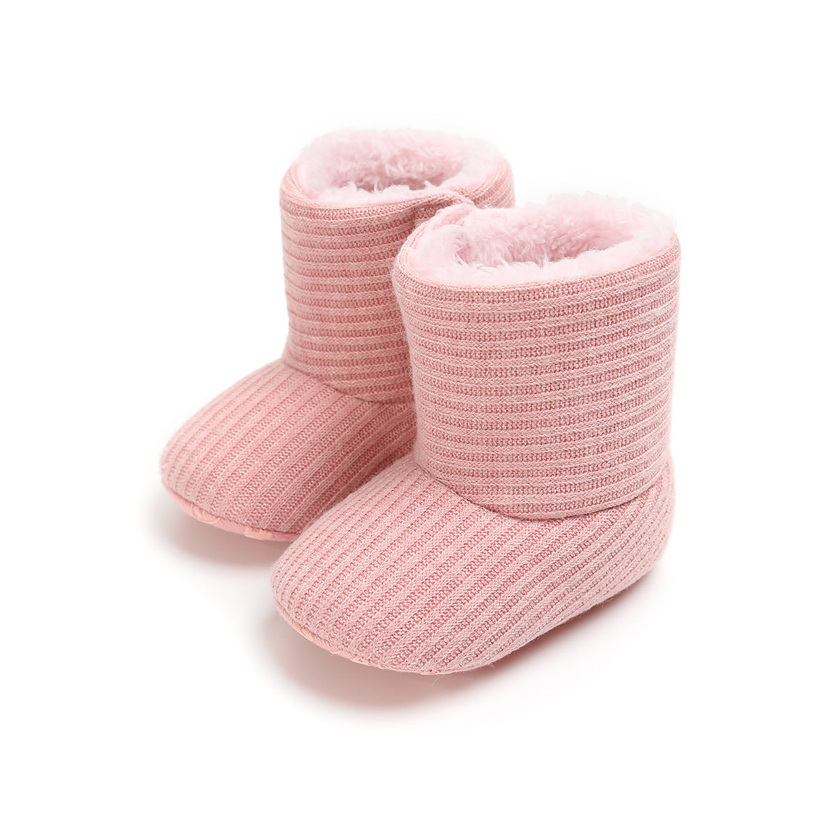 Pair of pink knit baby booties with a soft, fluffy lining. The booties have a ribbed texture and rounded toes, designed to keep a baby's feet warm and cozy.