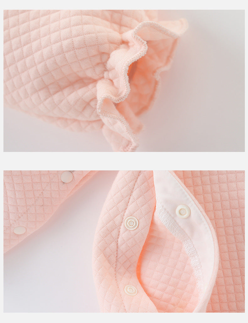 Close-up of pink quilted fabric with ruffled edge on top. The bottom image shows snap buttons on a section with a white inner lining.