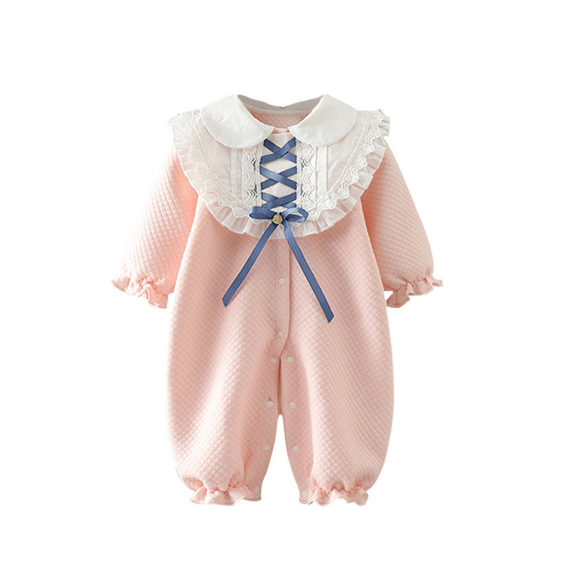 Baby pink romper featuring a white Peter Pan collar with lace trim and blue ribbon detail. Long sleeves with ruffles and snap buttons down the front for easy dressing.