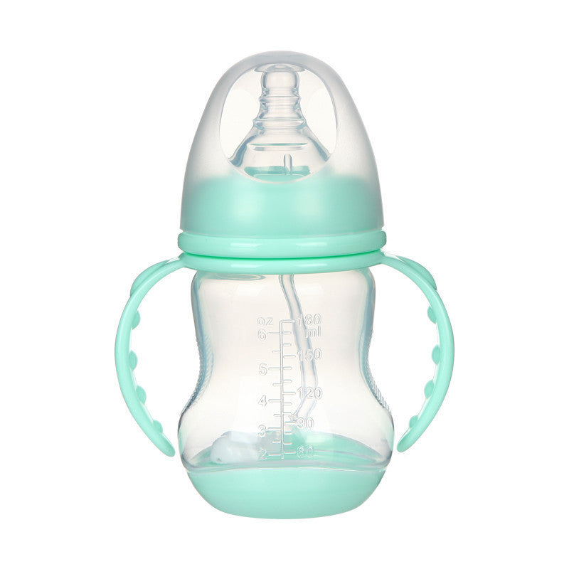 A mint green baby bottle with handles, a clear measurement scale in milliliters and ounces, and a secure lid with a soft, nipple-like spout for easy drinking.