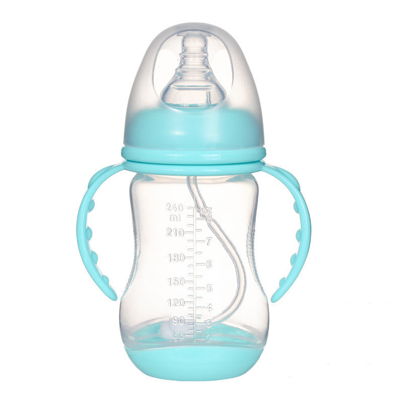 Transparent baby bottle with a blue screw-on cap and nipple cover. It has blue side handles and measurement markings up to 240 ml.