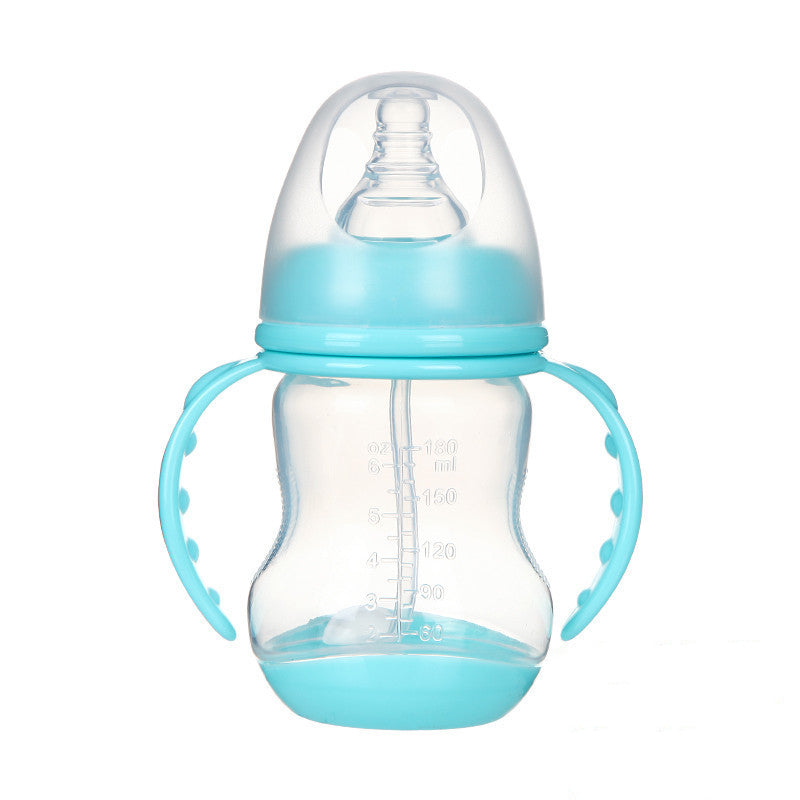 A blue baby bottle with twin handles, a clear measurement scale, and a silicone nipple. The design includes a wide neck, making it easy to clean and fill.